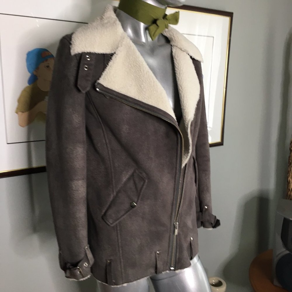 The Kooples Gray Suede Shearling-Lined Moto Jacket with Cream Collar